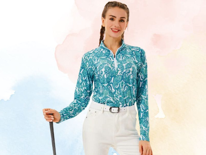 Green Paisley Quarter-zip Long Sleeve Polo Shirt for Ladies