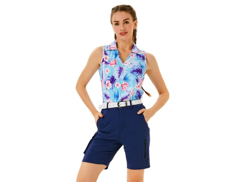 Woman wearing colorful sleeveless printed polo shirt with blue golf shorts