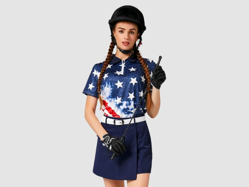 Wearing a blue skirt with a patriotic short-sleeved polo shirt