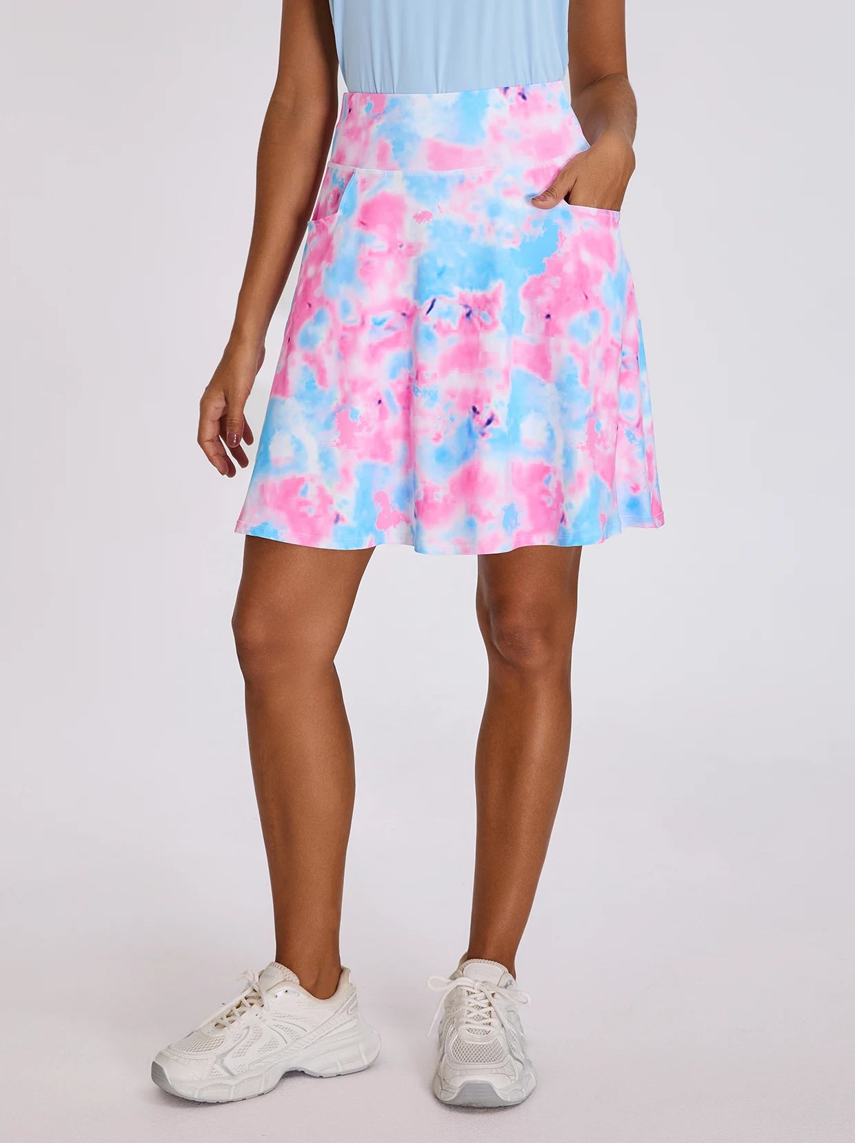 Ladies 20" Blue and Pink Print Active Skorts with Inner Shorts and Pockets