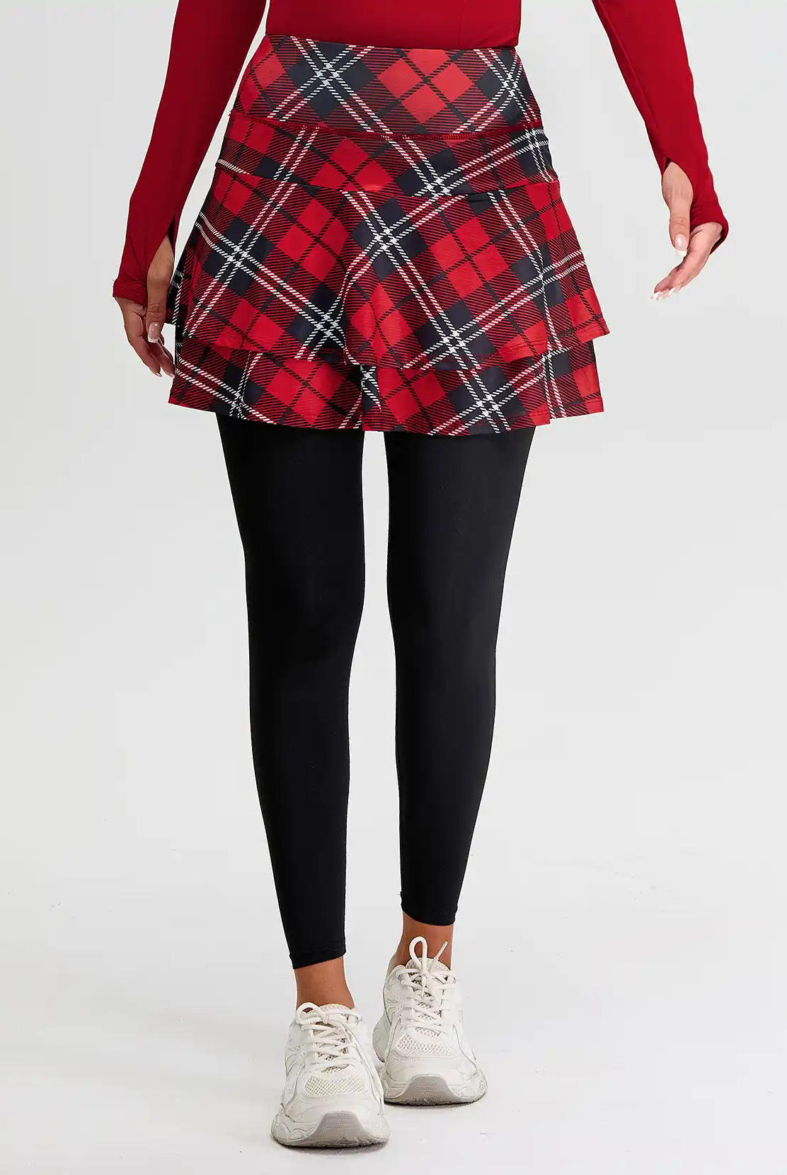 Christmas Red Checkerboard Pleated Athletic Skirted Leggings