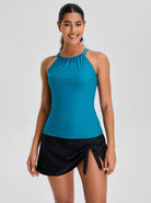 Peacock Blue Ruffled Crisscross Back Tankini Top with Built-in Bra