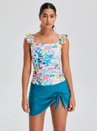 Daisy Print Ruffled Tankini Top with Built-in Bra
