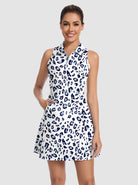 Blue Leopard 34" Quarter-zip Racerback Sleeveless Dress With Pockets