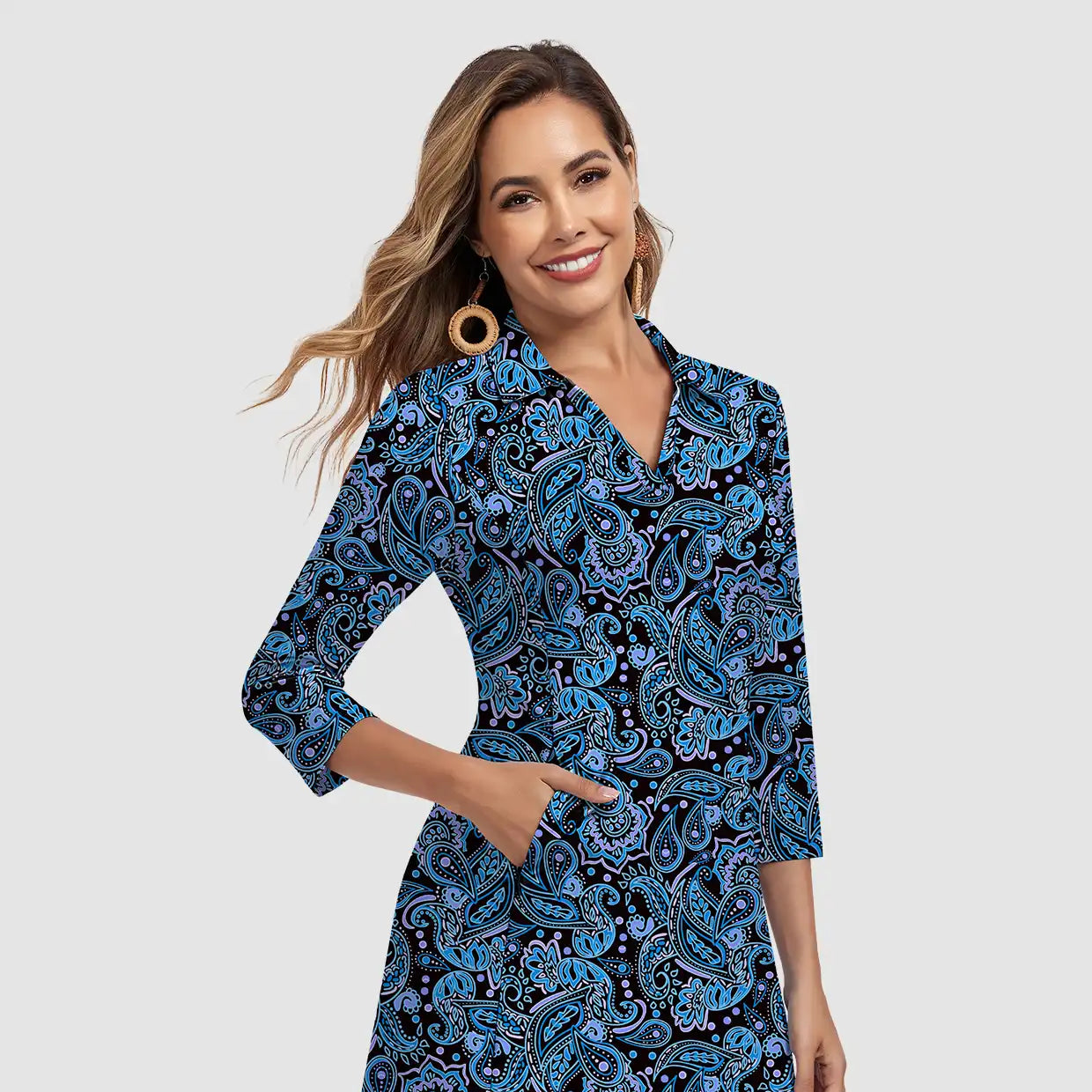 35" V-neck 3/4 Sleeve Polo Dresses with Pockets