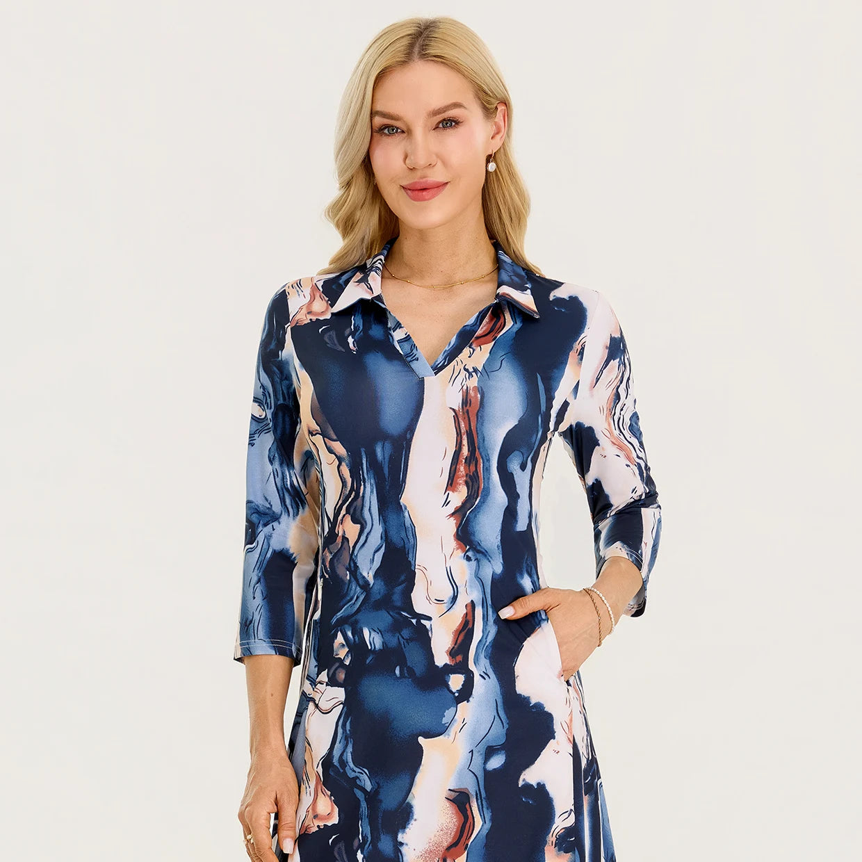 35" V-neck 3/4 Sleeve Polo Dresses with Pockets