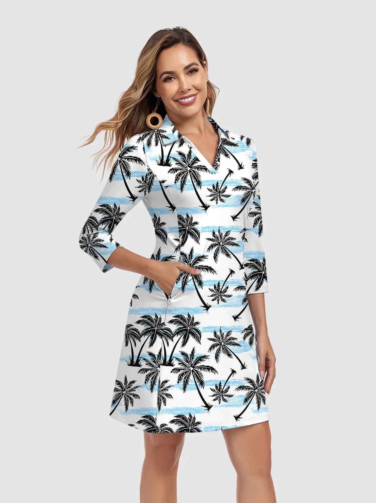 35" V-neck 3/4 Sleeve Polo Dresses with Shorts and Pockets