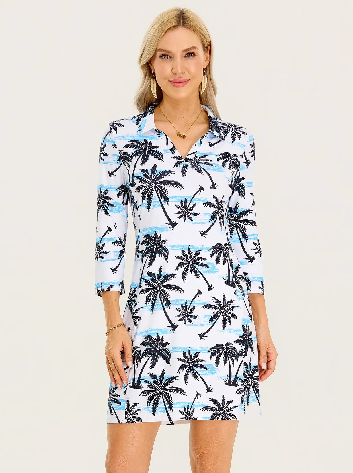 35" V-neck 3/4 Sleeve Polo Dresses with Pockets