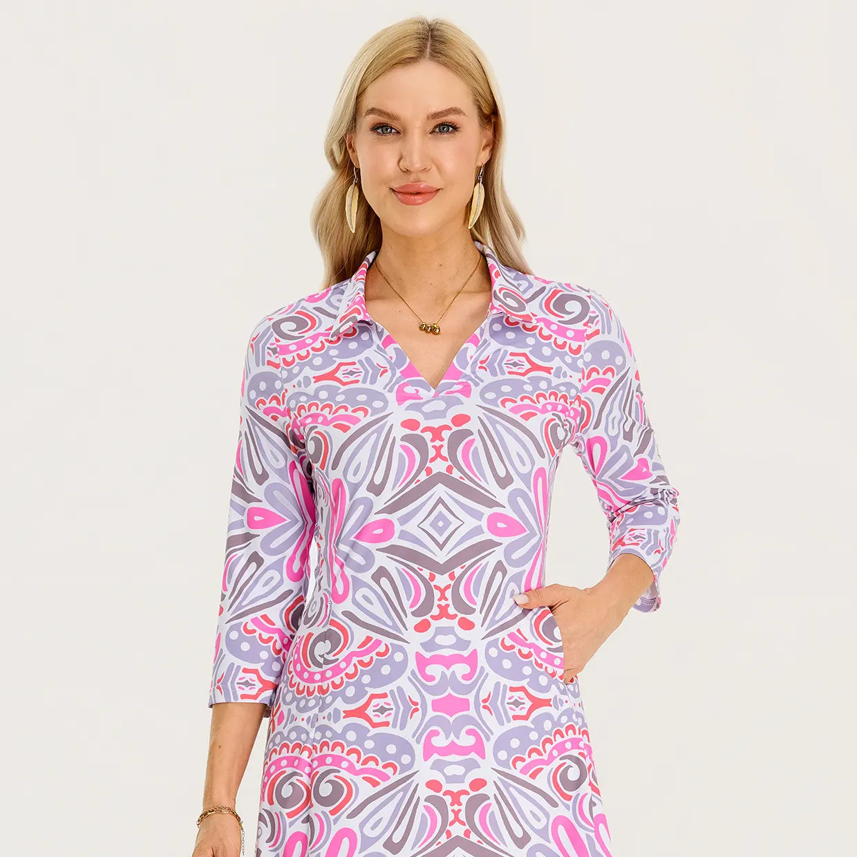 35" V-neck 3/4 Sleeve Polo Dresses with Pockets