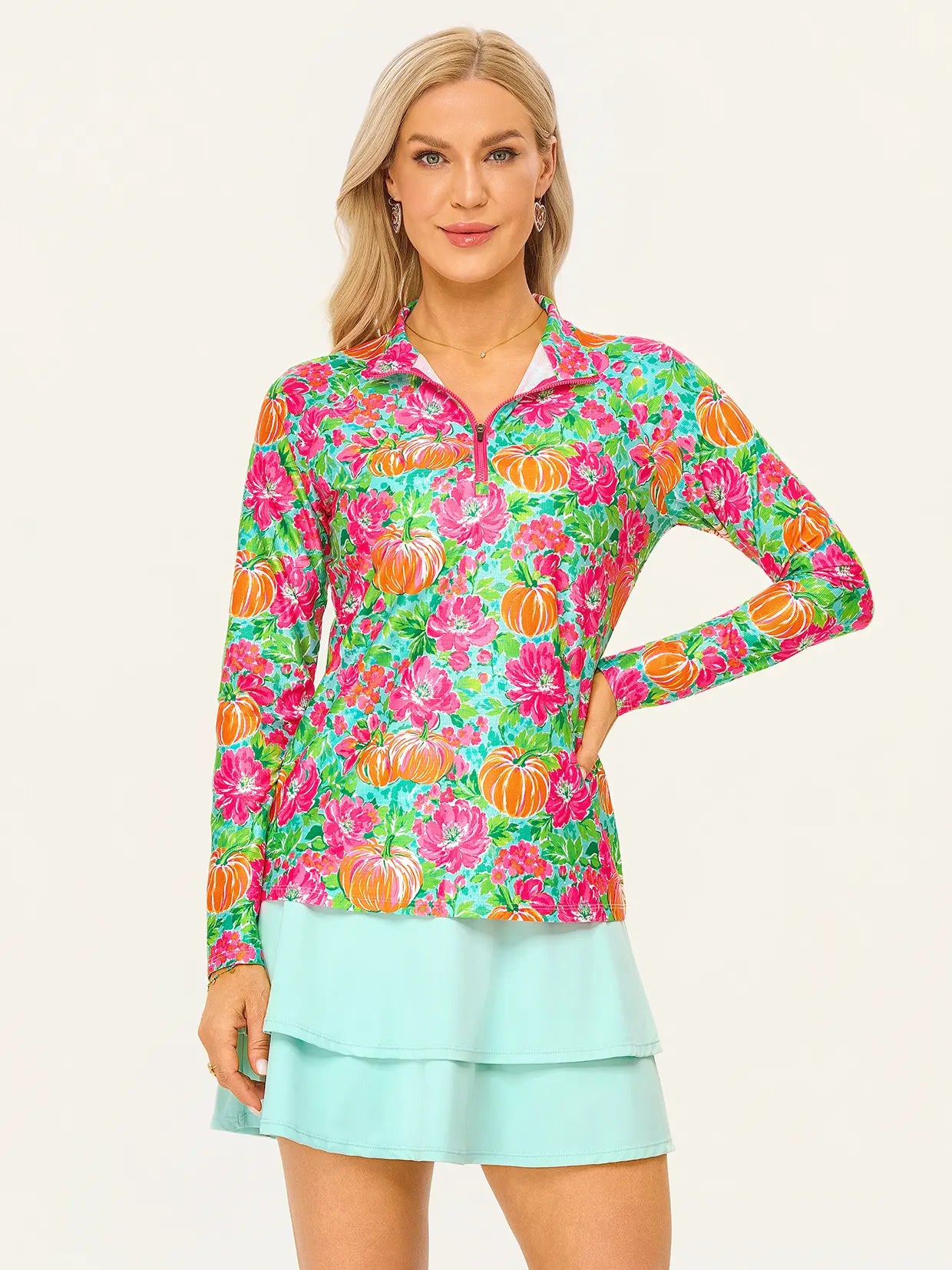 Halloween Pumpkin and Floral Stand-collar Long-sleeve Polo Shirt