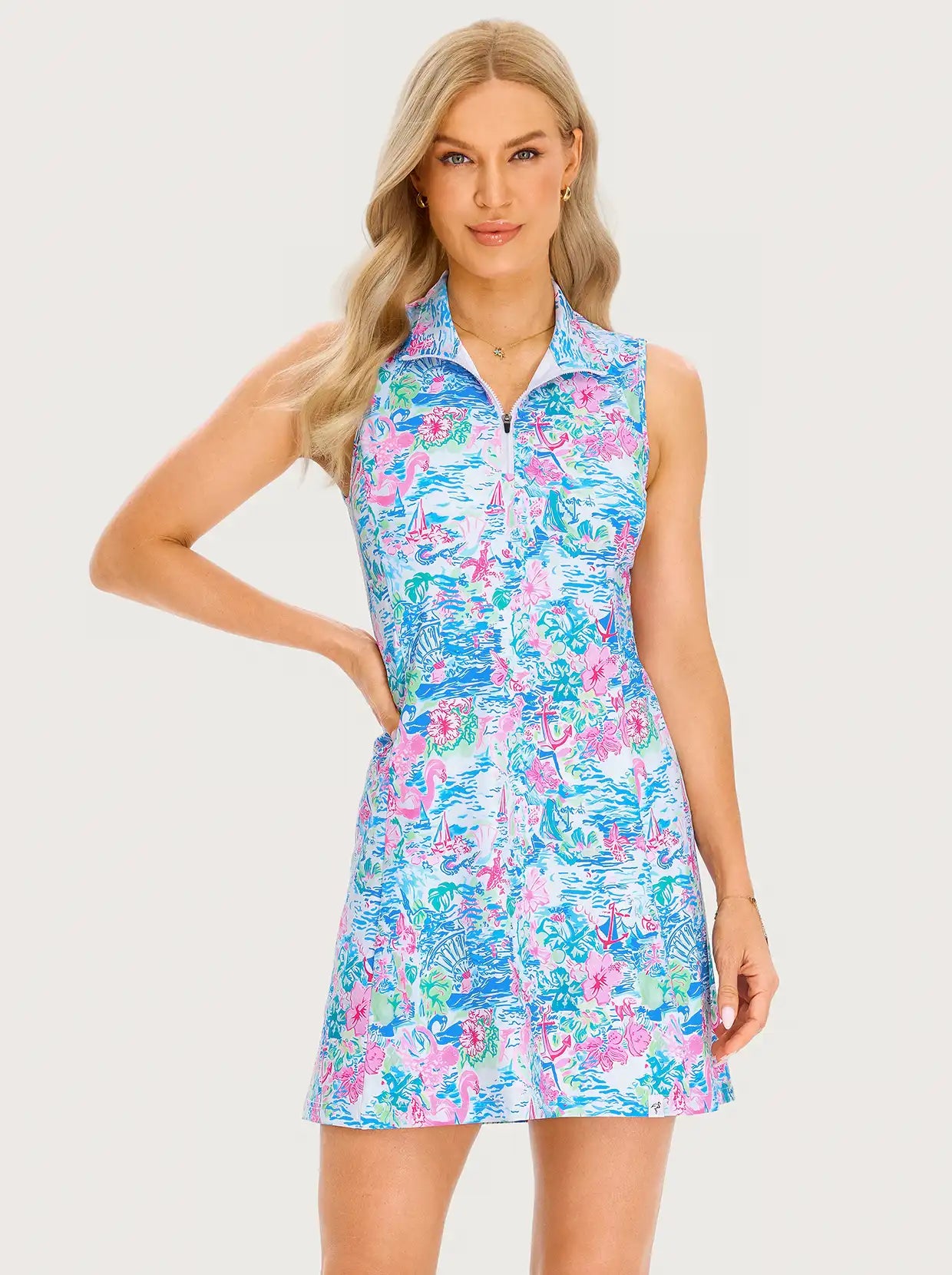 33" Spring Scenery Stand-collar Sleeveless Golf Dress with Shorts