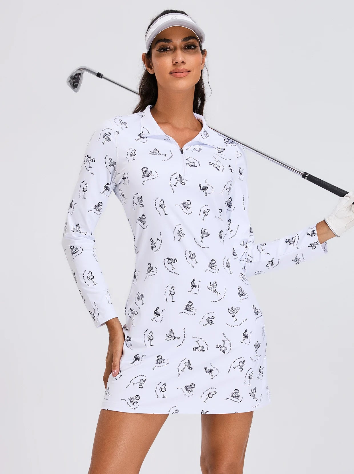 Black Flamingo Quarter-zip Long-sleeve Golf Dress with Shorts