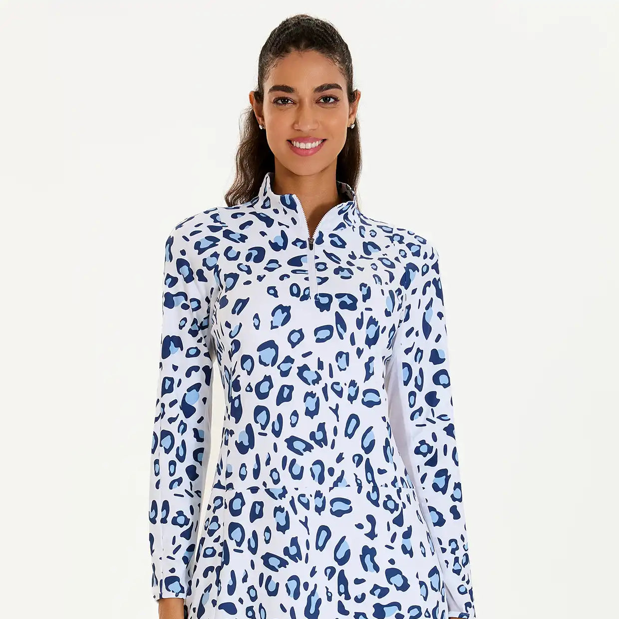 34" Blue Leopard Quarter-zip Long-sleeve Dress