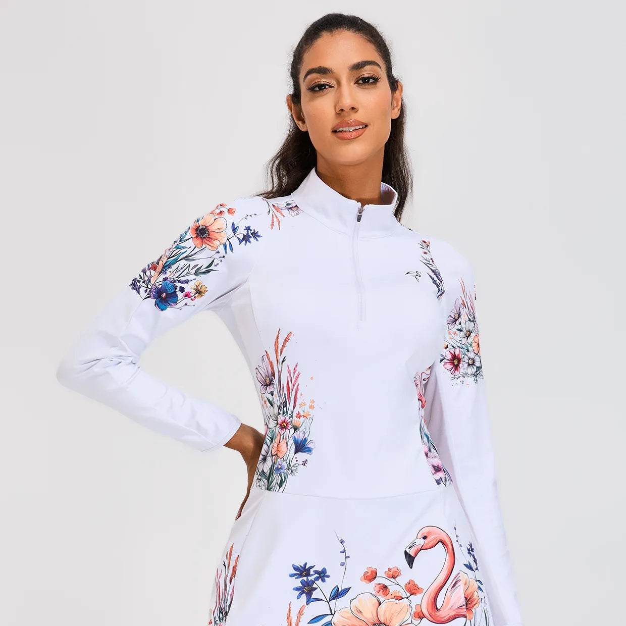 33" White Flamingo and Floral Quarter-zip Long-sleeve Dress