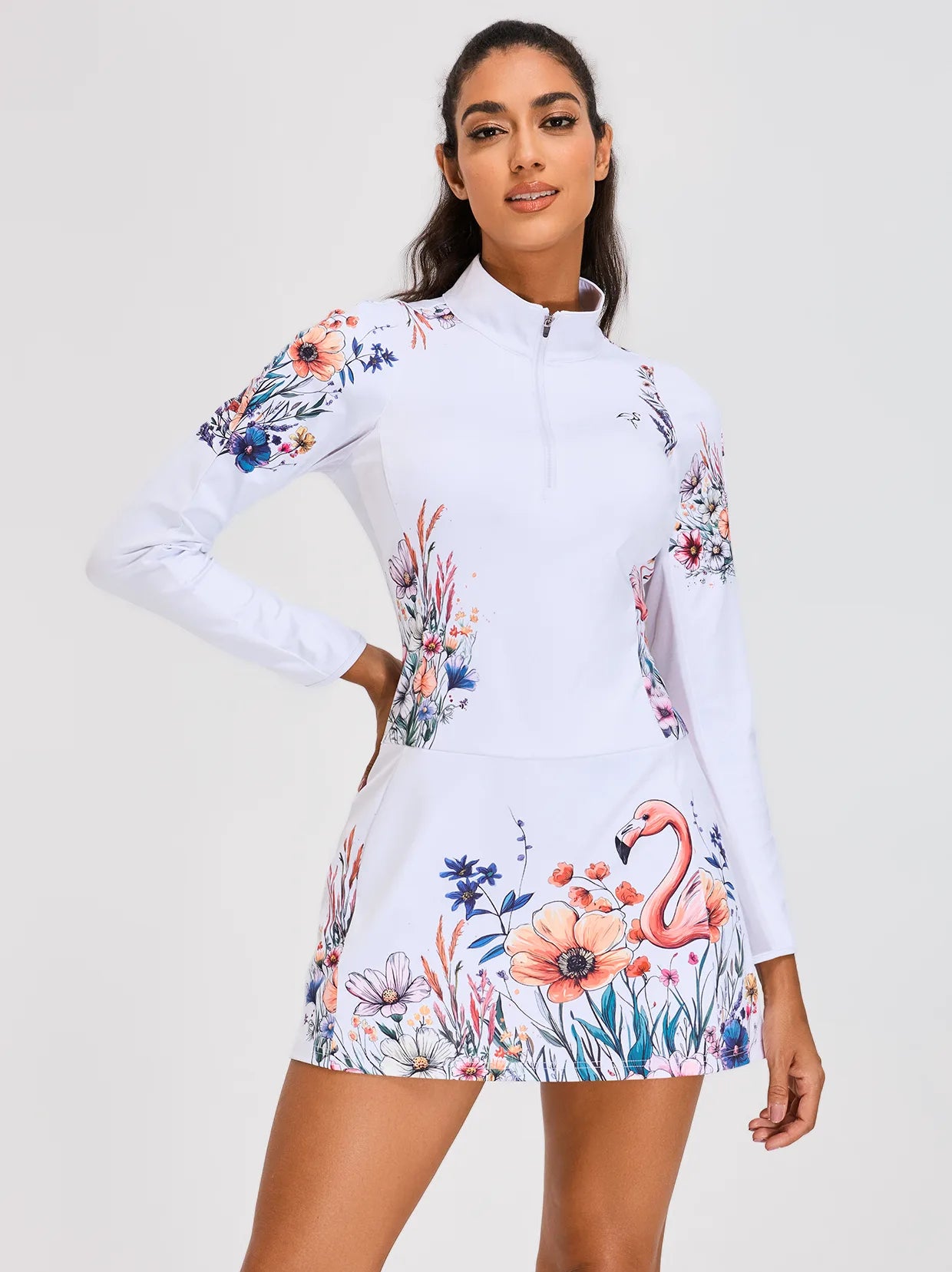 33" White Flamingo and Floral Quarter-zip Long-sleeve Dress