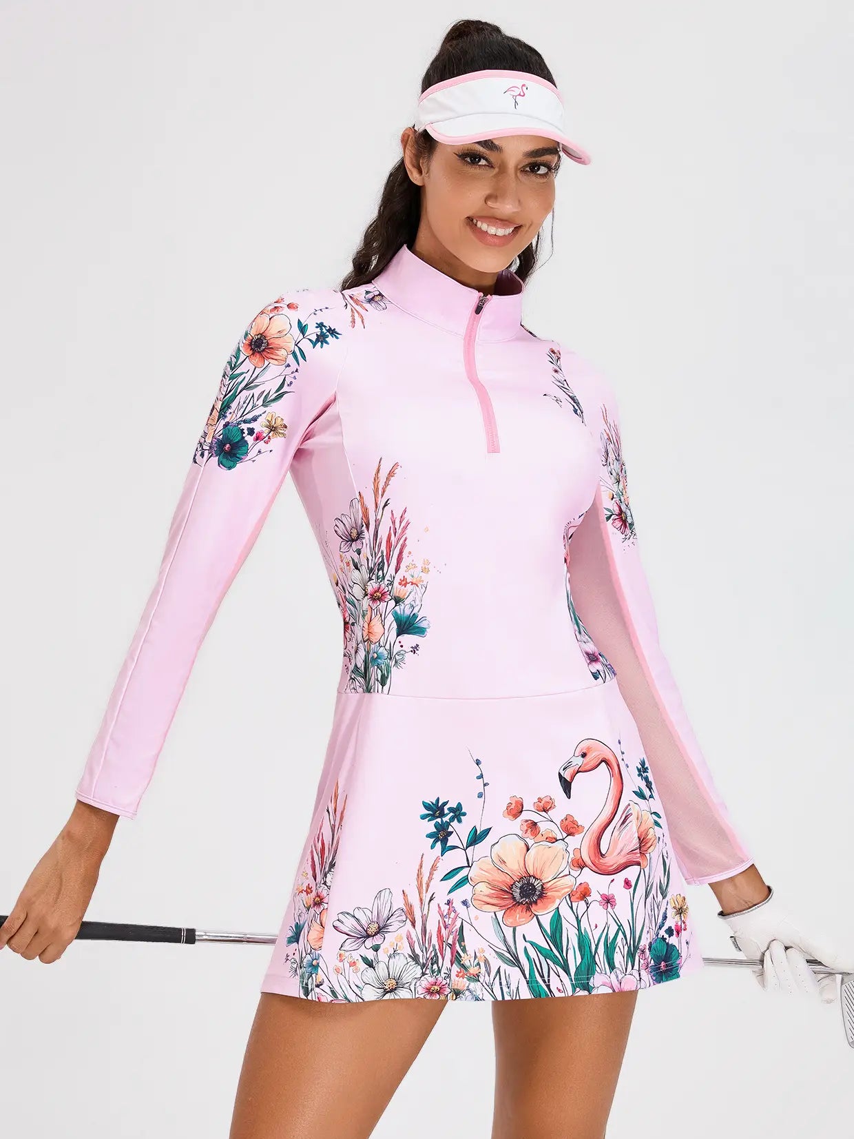 33" Pink Flamingo and Floral Quarter-zip Long-sleeve Dress