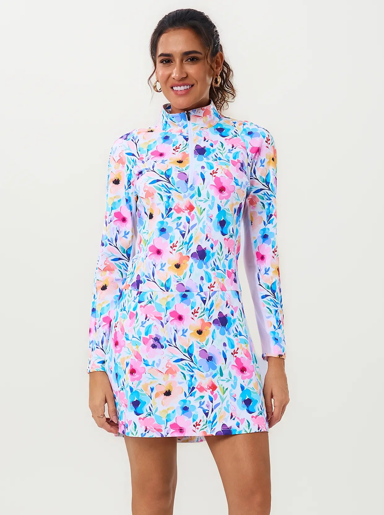 Breathable Colorful Floral 34" Quarter-zip Long-sleeve Dress
