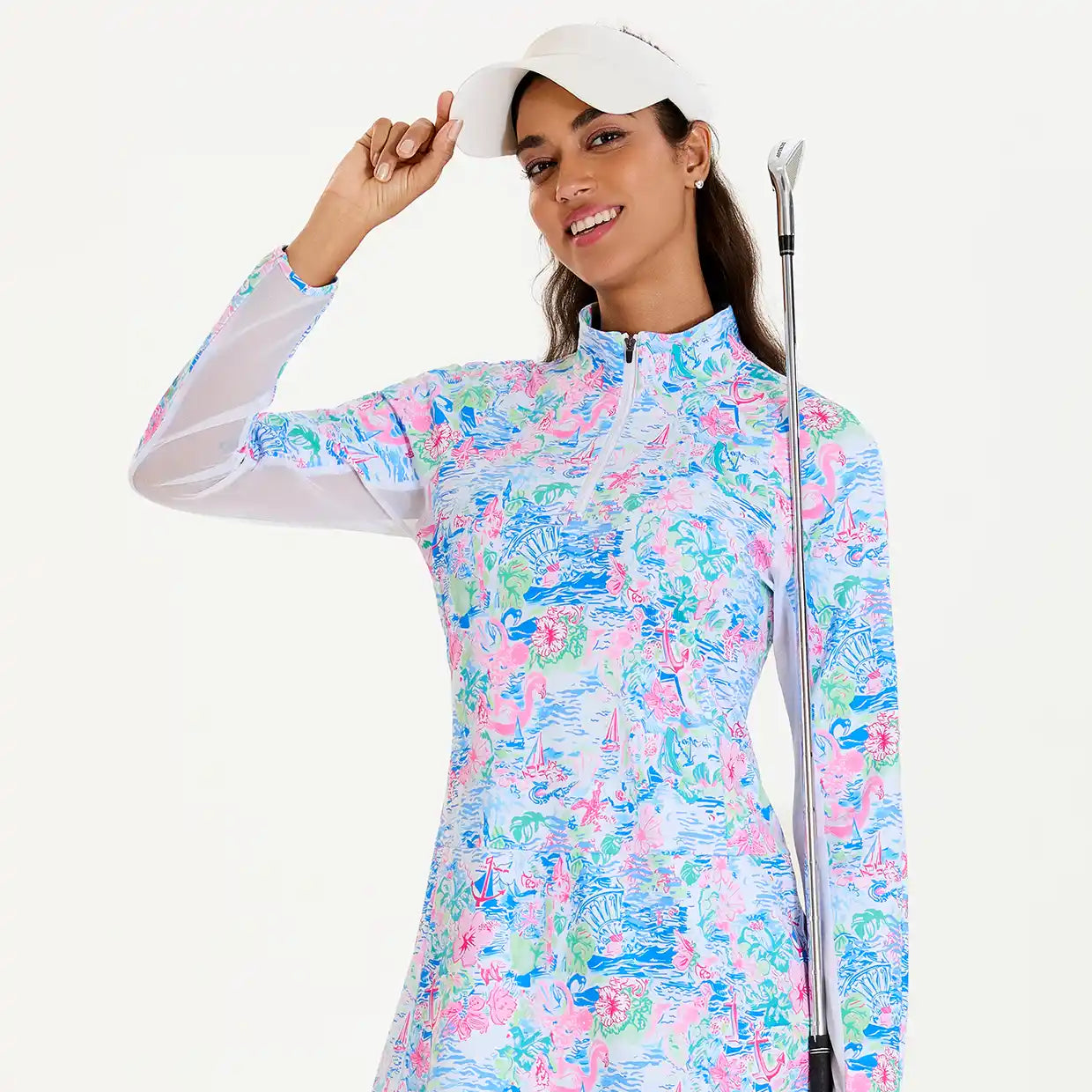 34" Spring Scenery Print Stand-collar Long-sleeve Dress with Shorts