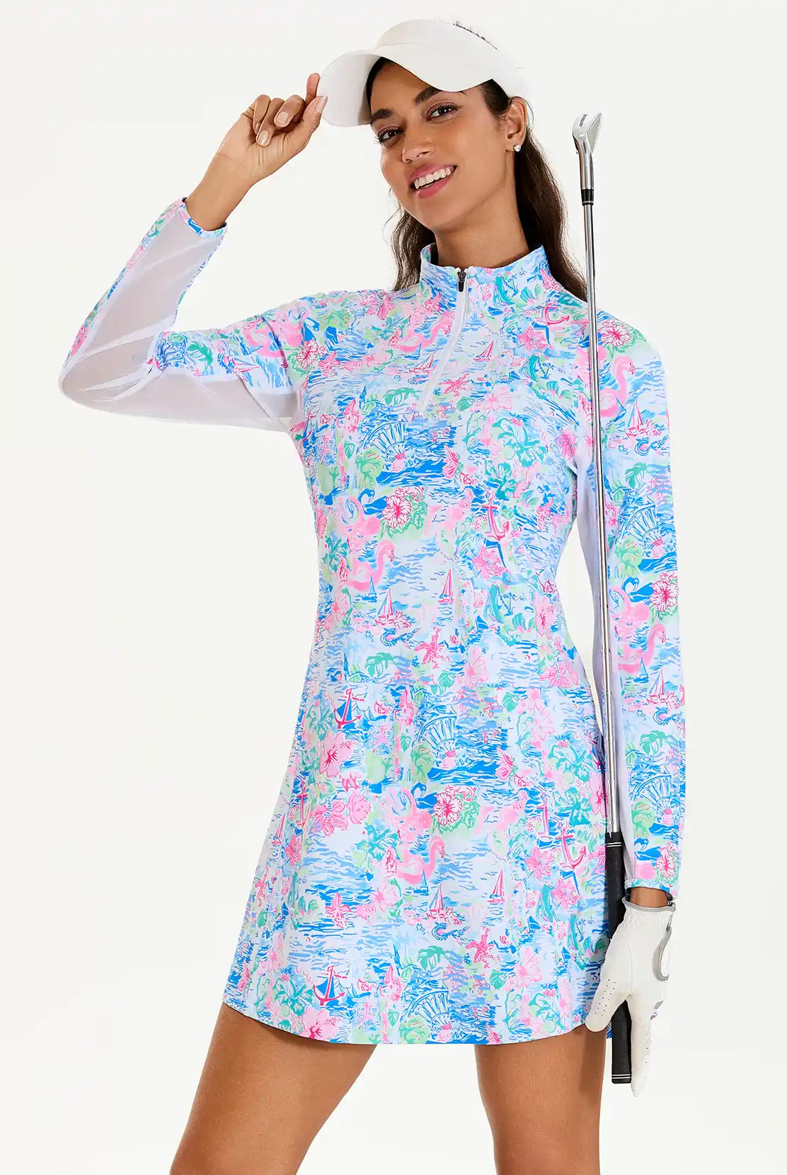 34" Spring Scenery Print Stand-collar Long-sleeve Dress with Shorts