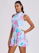 34“ Ocean Garden Pattern Stand-collar Sleeveless Dress with Shorts