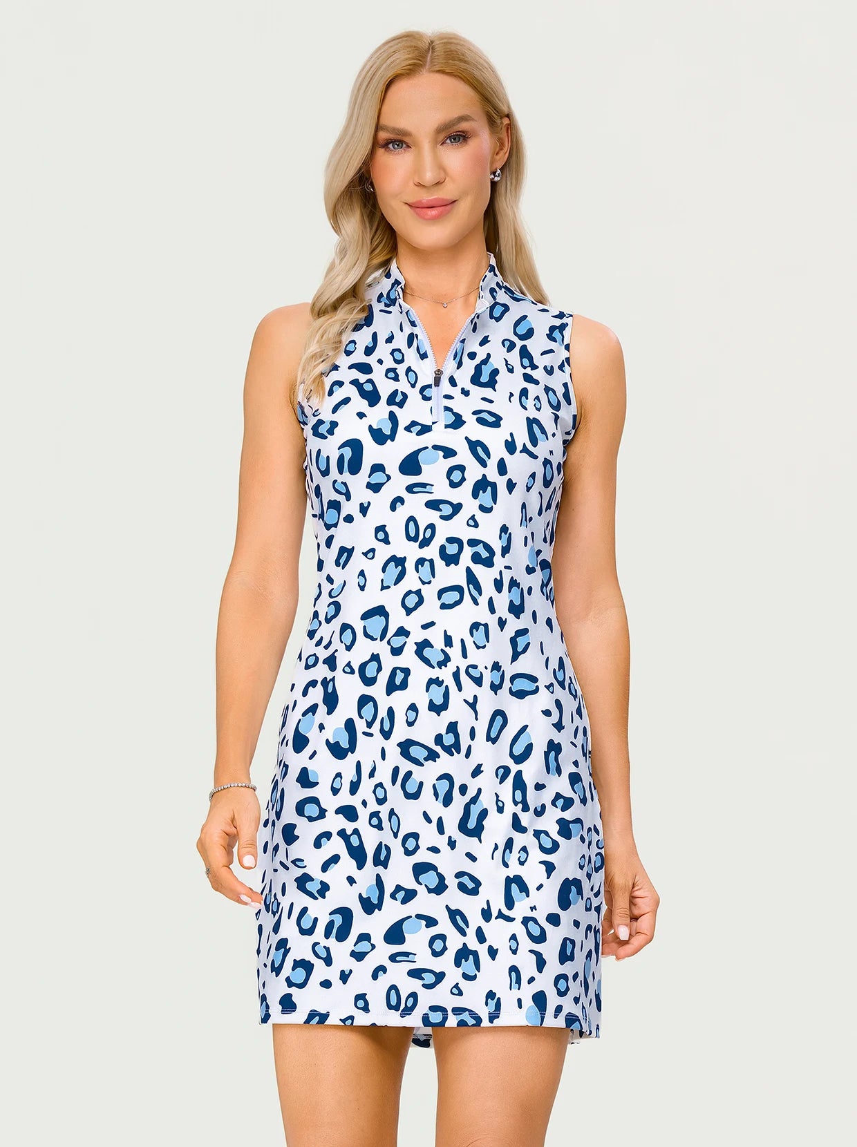 34" Blue Leopard Quarter-zip Sleeveless Golf Dress with Shorts and Pockets