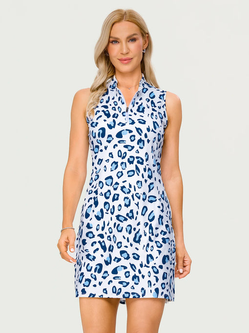 34" Blue Leopard Quarter-zip Sleeveless Golf Dress with Shorts and Pockets