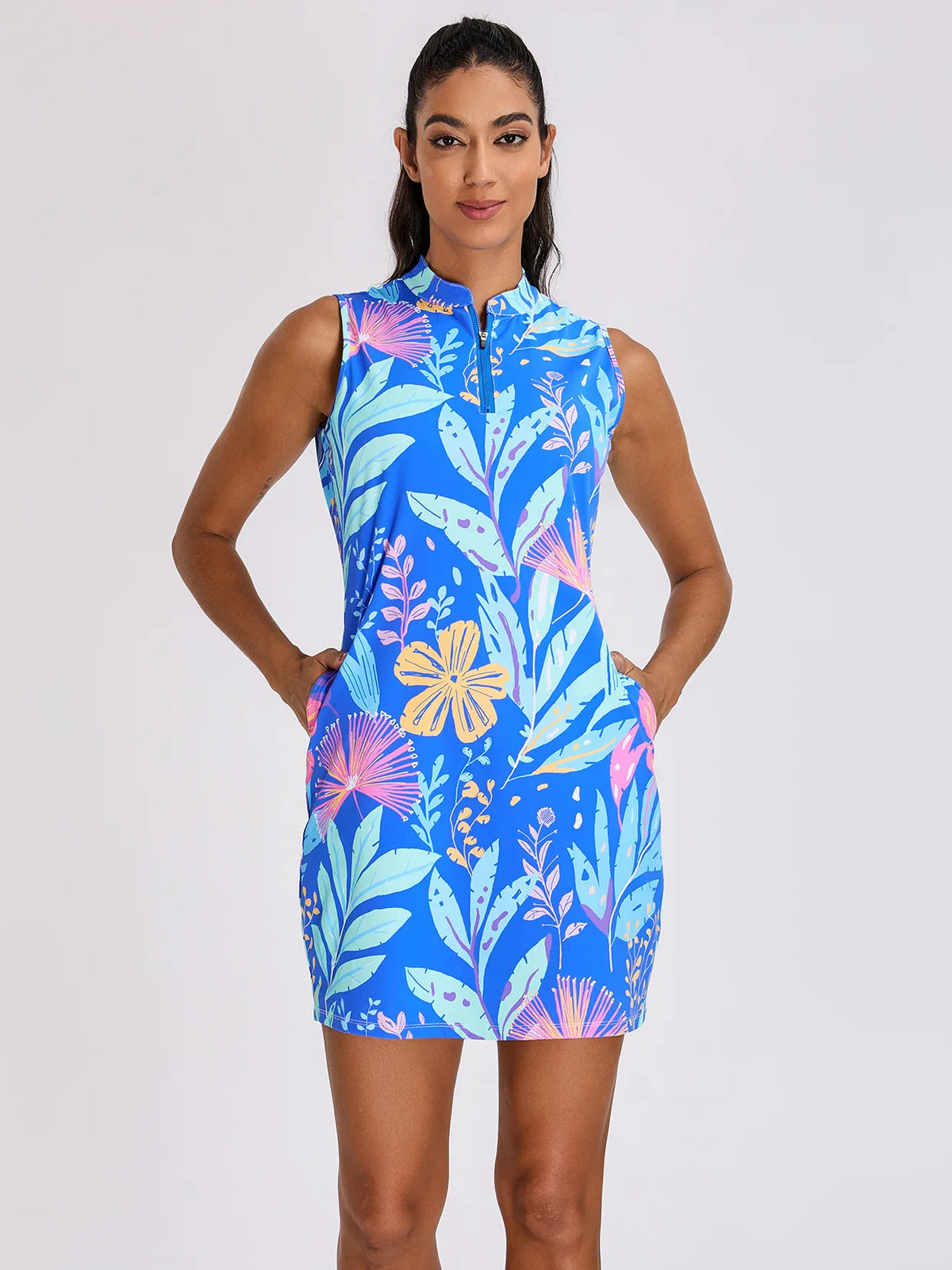 34" Blue Floral Quarter-zip Sleeveless Dress with Shorts and Pockets