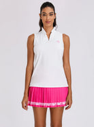 White Ruffled V-neck Sleeveless Polo Shirt for Women