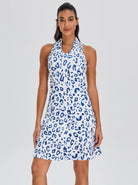 37"  Blue Leopard V-neck Racerback Sleeveless Dress with Shorts