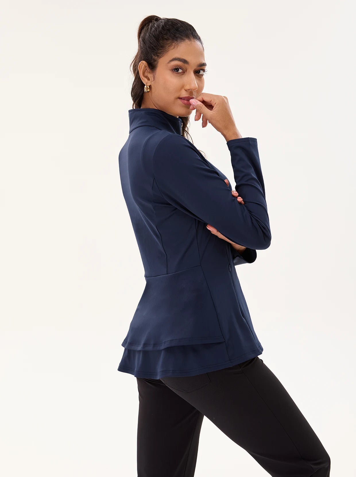 Navy Ruffled Back Hem Full-zip Long-sleeve Jacket with Pockets