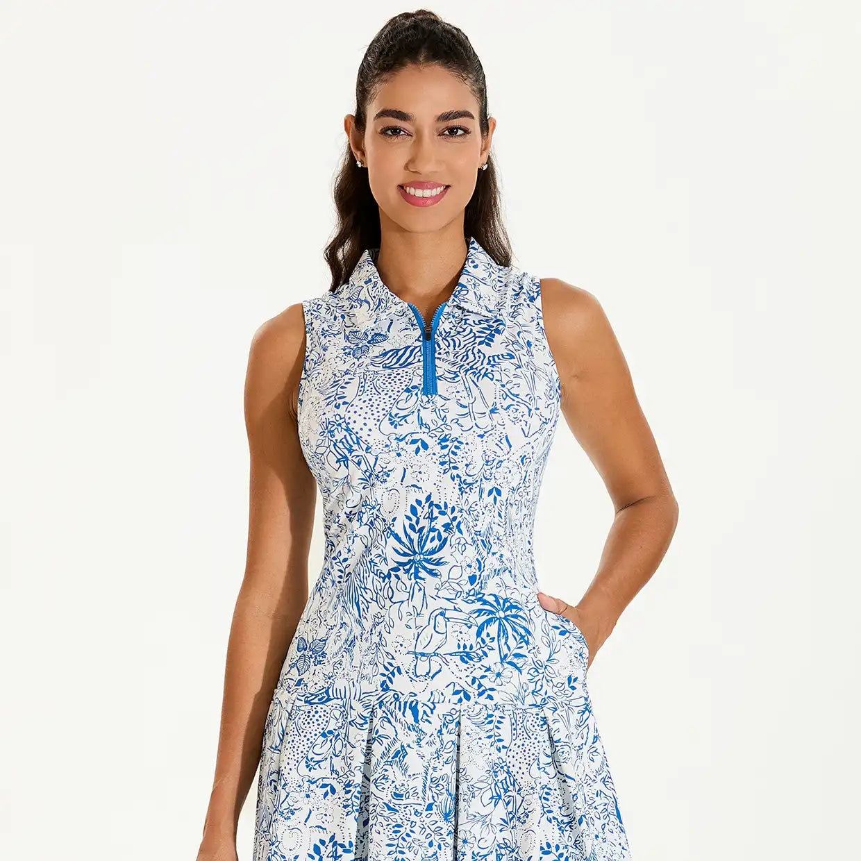 Blue Wildlife 34" Quarter-zip Sleeveless Pleated Dress