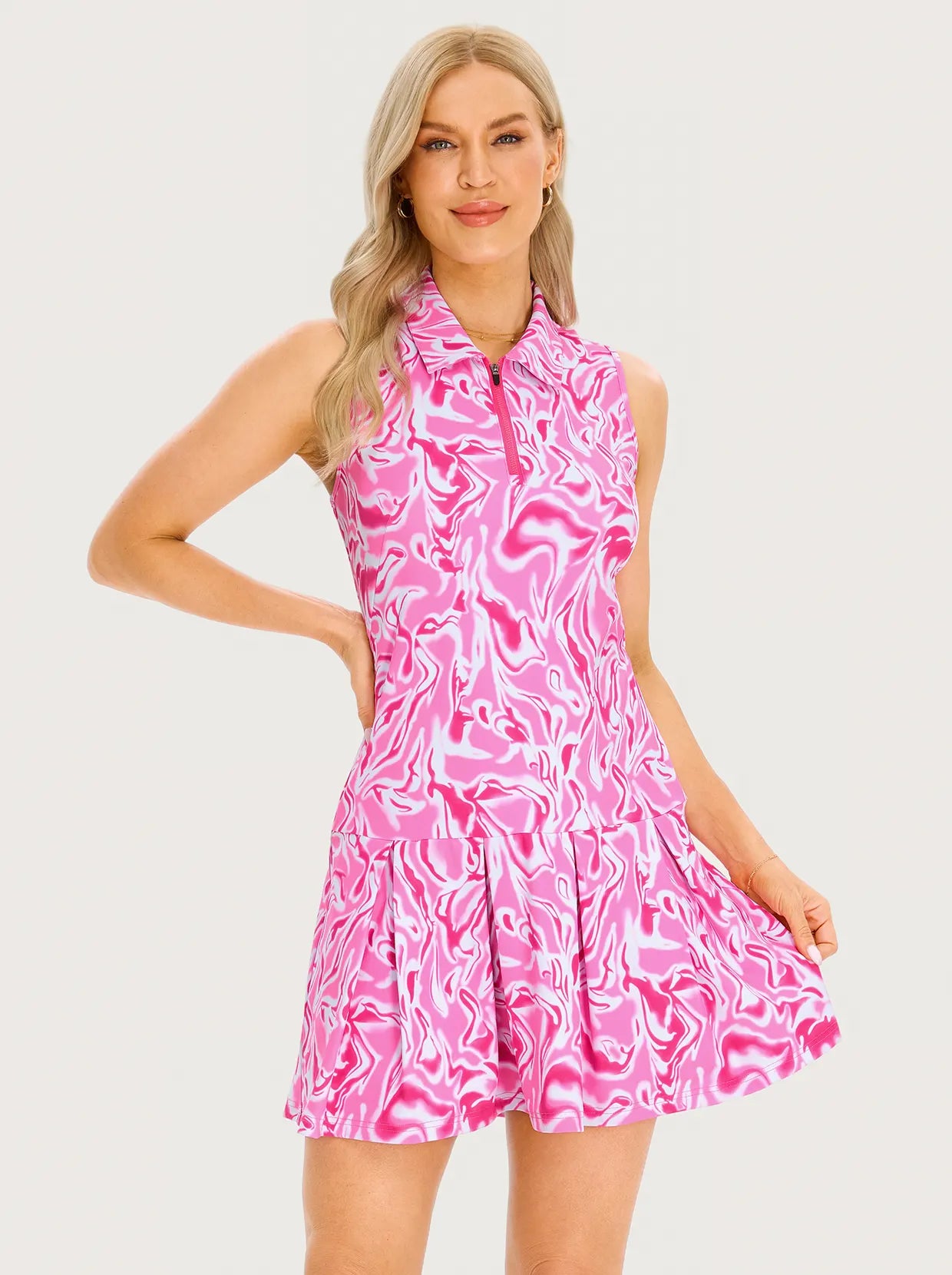 34" Pink Water Ripple Sleeveless Pleated Dress with Shorts and Pockets