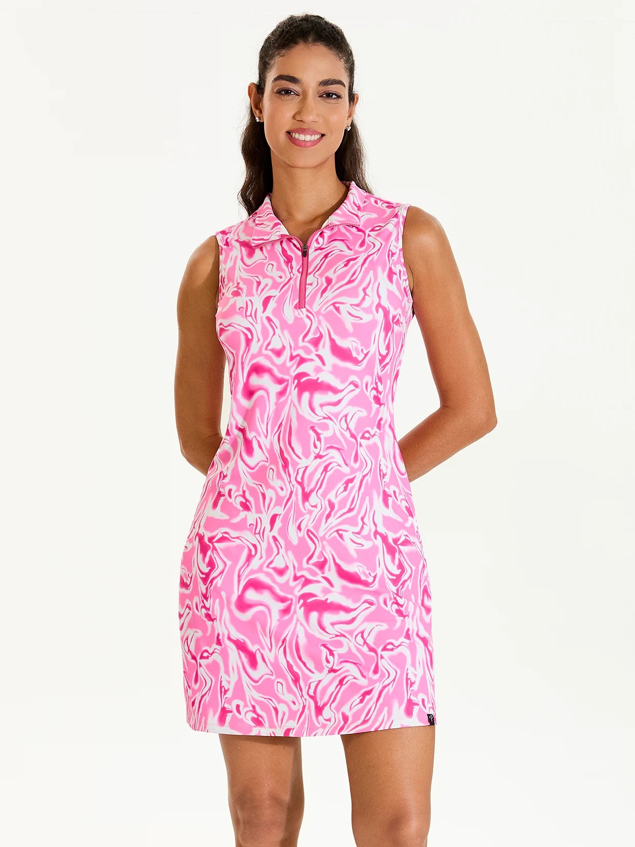 Pink Water Ripples 35" Stand-collar Sleeveless Dress with Pockets
