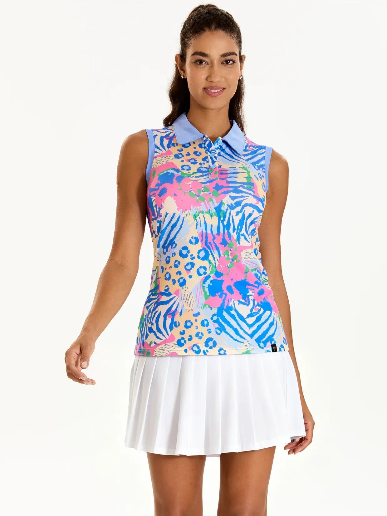 Tropical Leopard Button-placket Sleeveless Polo Shirt