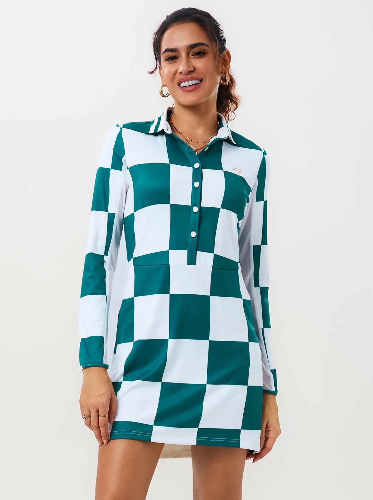 Breathable 34" Green Checkerboard Long-sleeve Polo Dress with Pocket