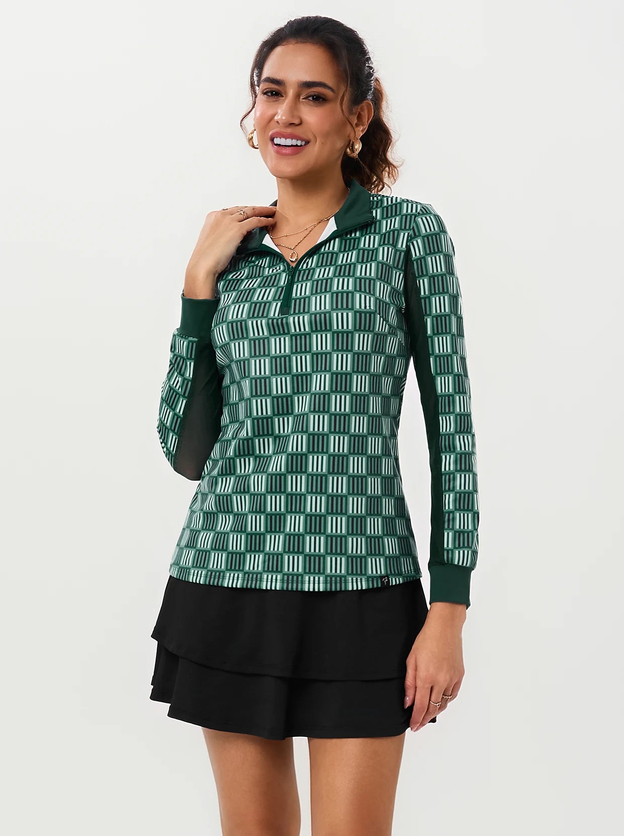 Striped Checkerboard Quarter-zip Long-sleeve Polo Shirt