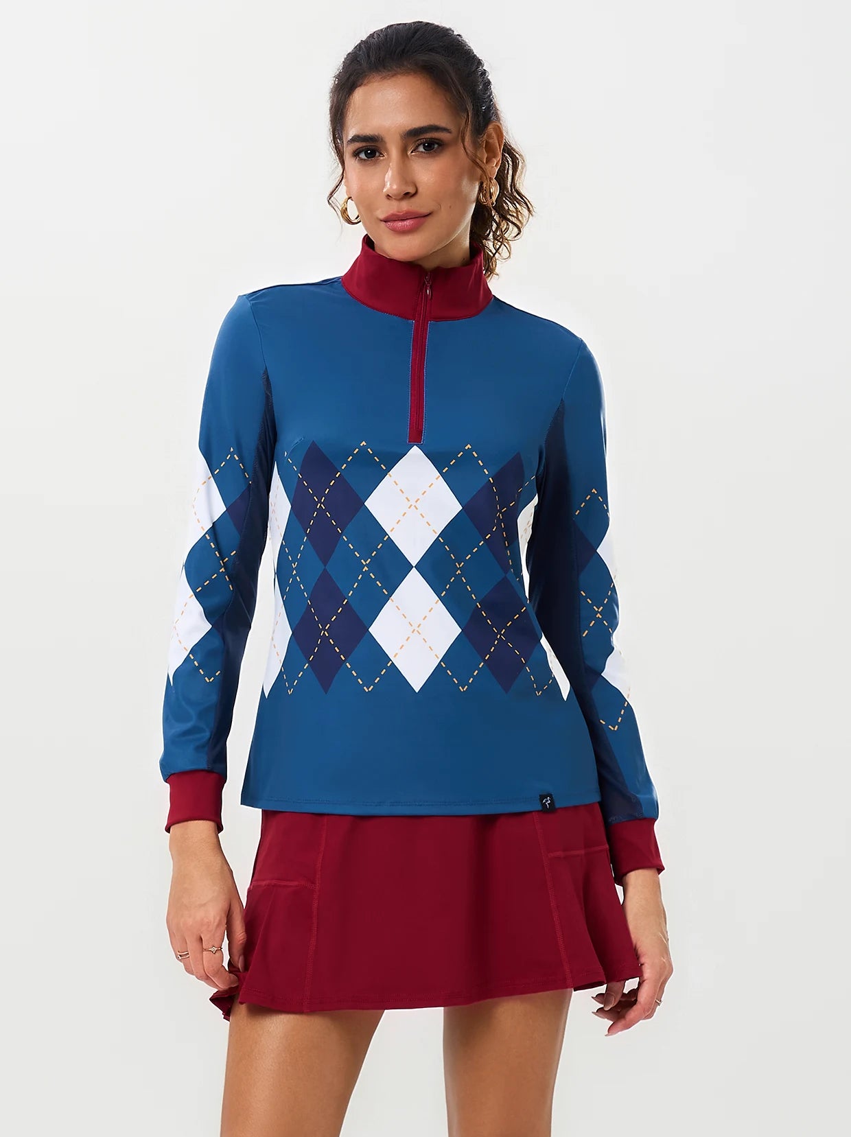 Blue Checkerboard Quarter-zip Breathable Long-sleeve Polo Shirt