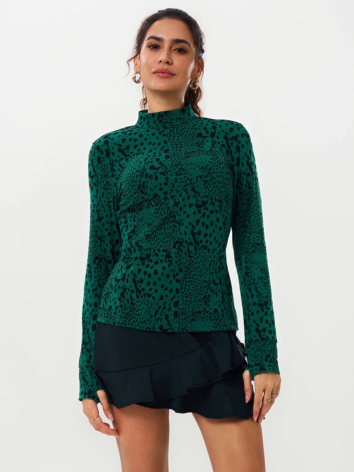 Dark Green Leopard Stand-collar Long-sleeve Shirt