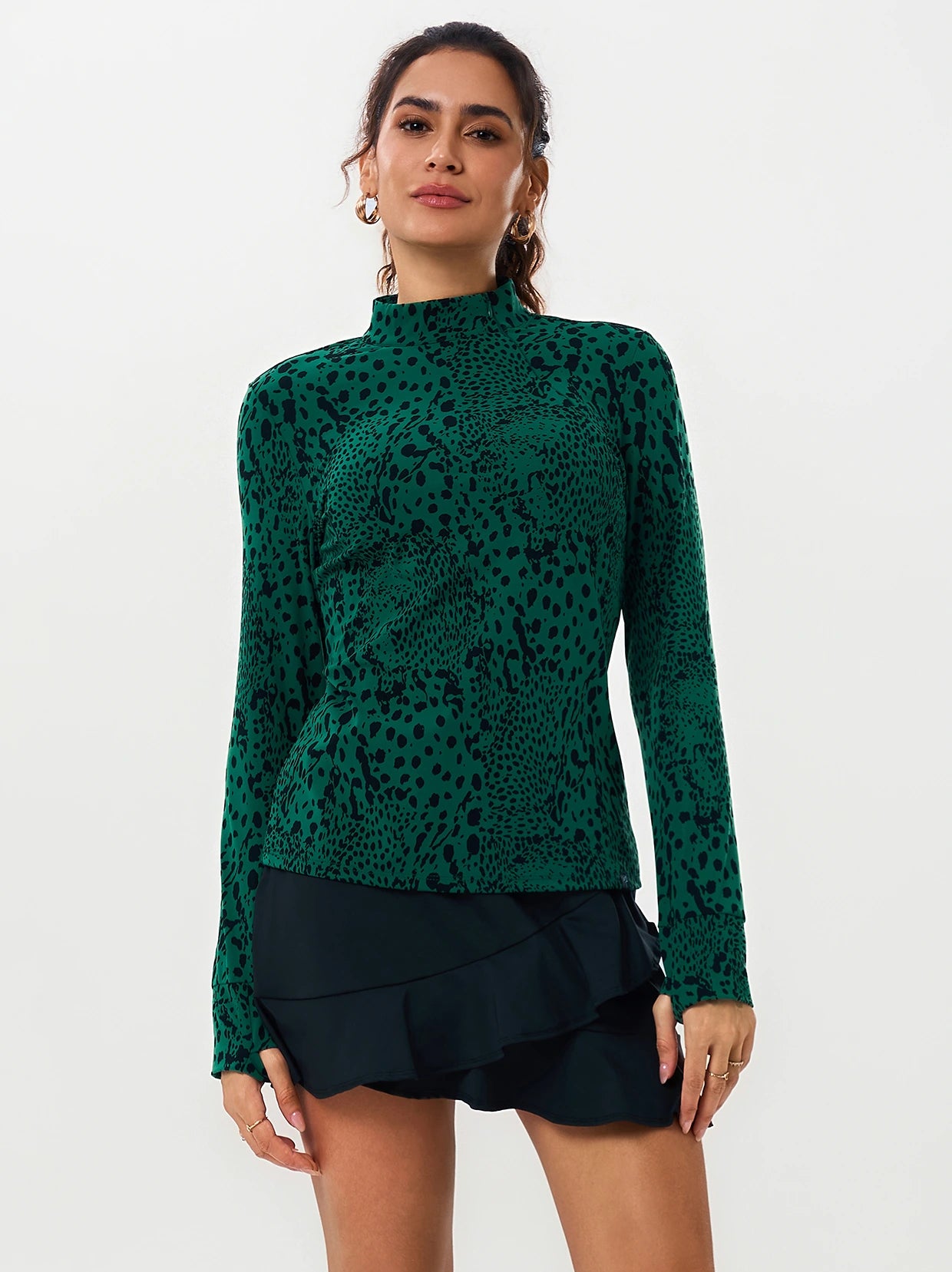 Dark Green Leopard Stand-collar Long-sleeve Shirt