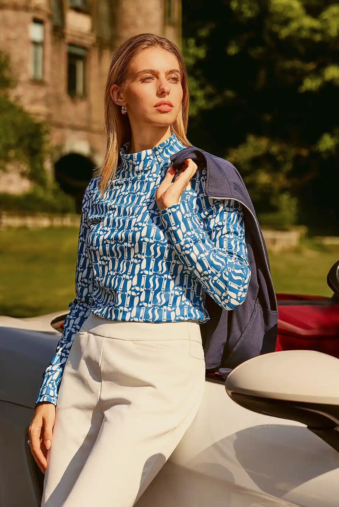Blue Geometric Print Side-zip Long-sleeve Shirt