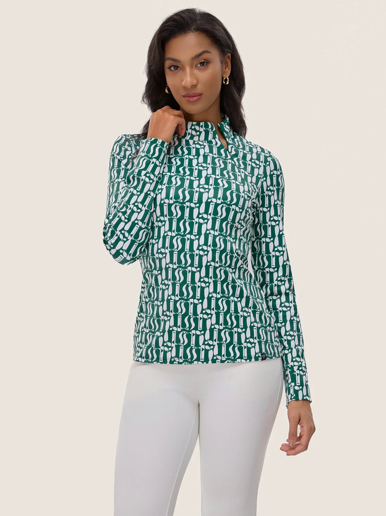 Green Geometric Print Side-zip Long-sleeve Shirt