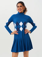 35" Blue Checkerboard Stand-collar Long-sleeve Pleated Dress