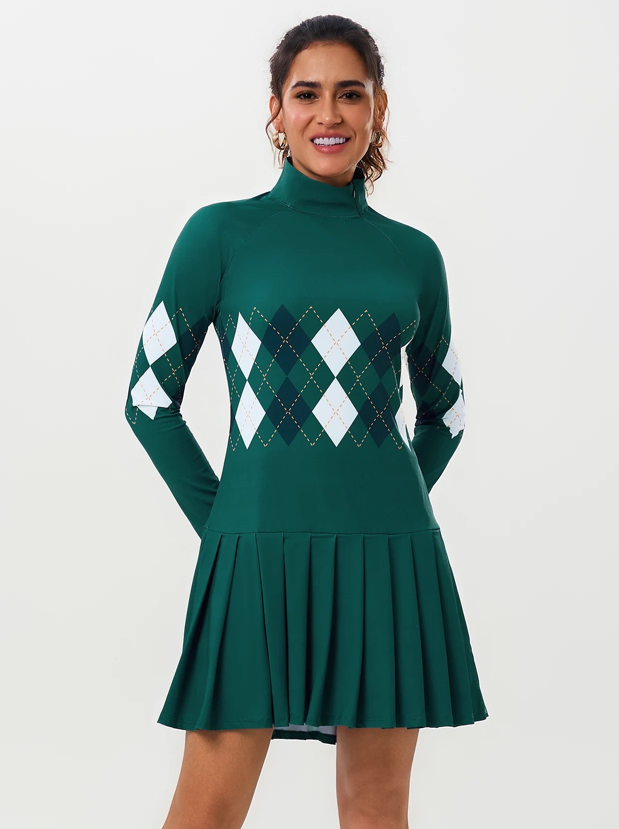 35" Green Checkerboard Side-zip Long-sleeve Pleated Dress