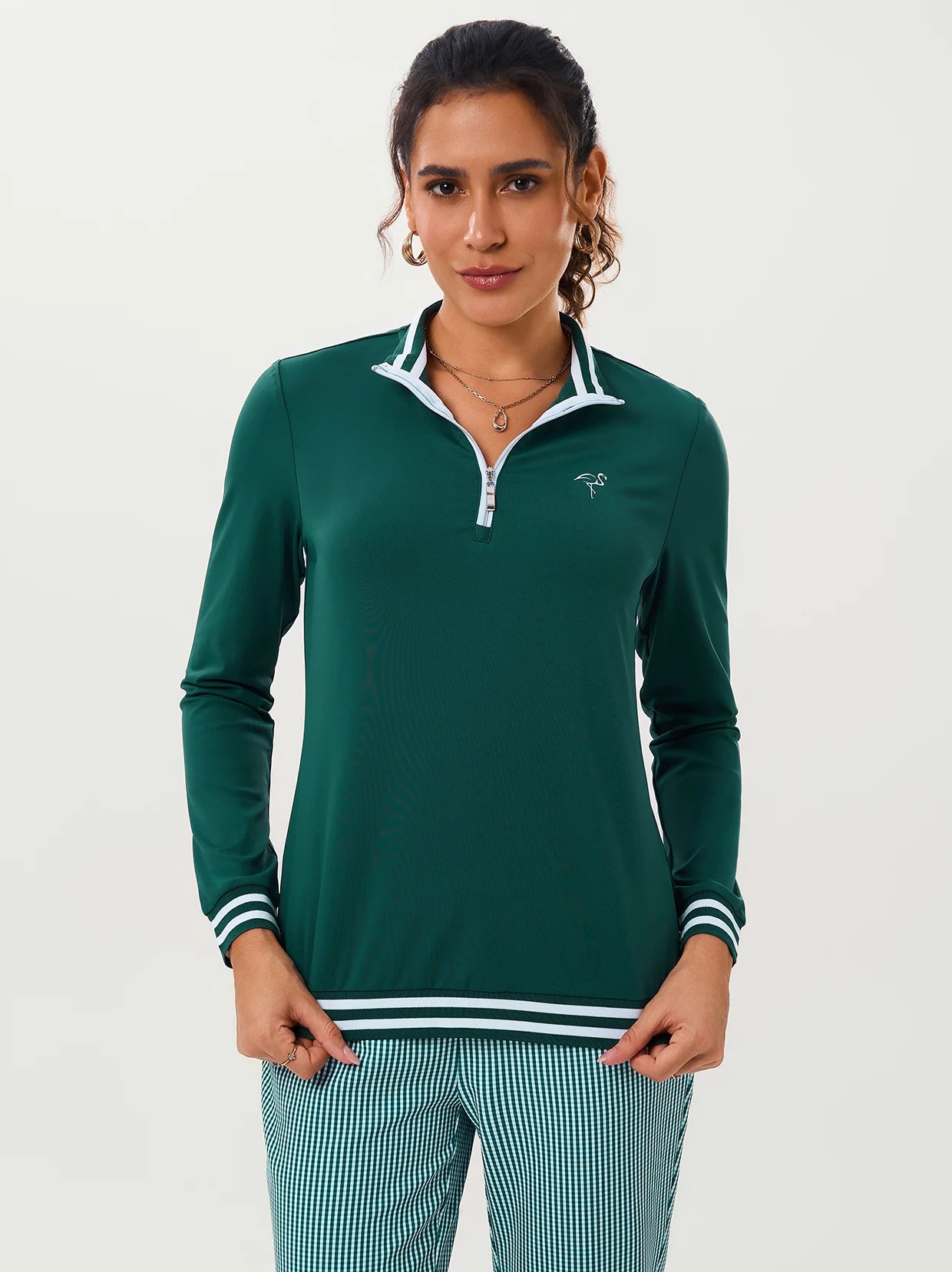 Green Stand-collar Long-sleeve Polo Shirt