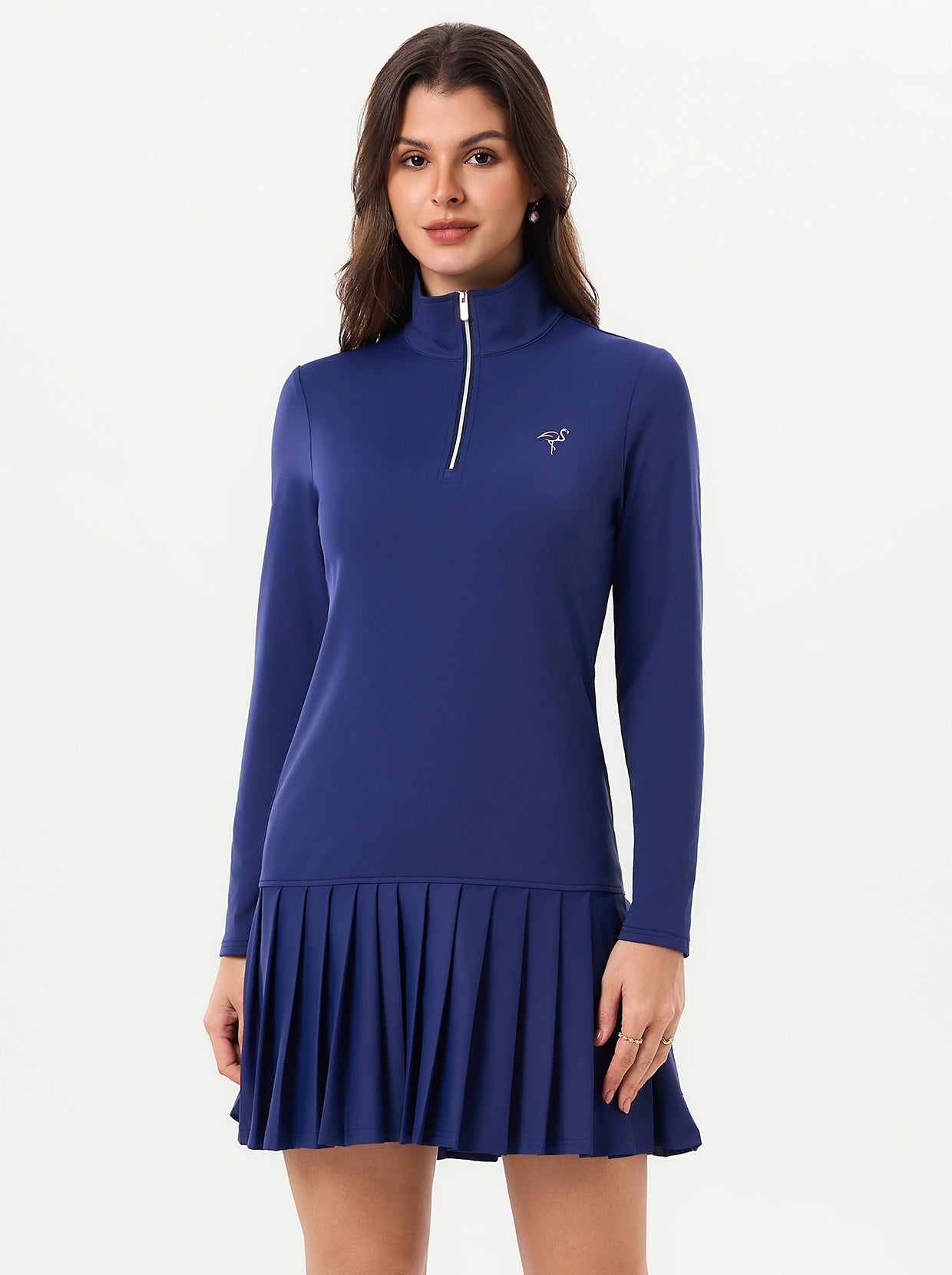 Navy Quarter-zip Long-sleeve Dress with Pleated Hem and Shorts