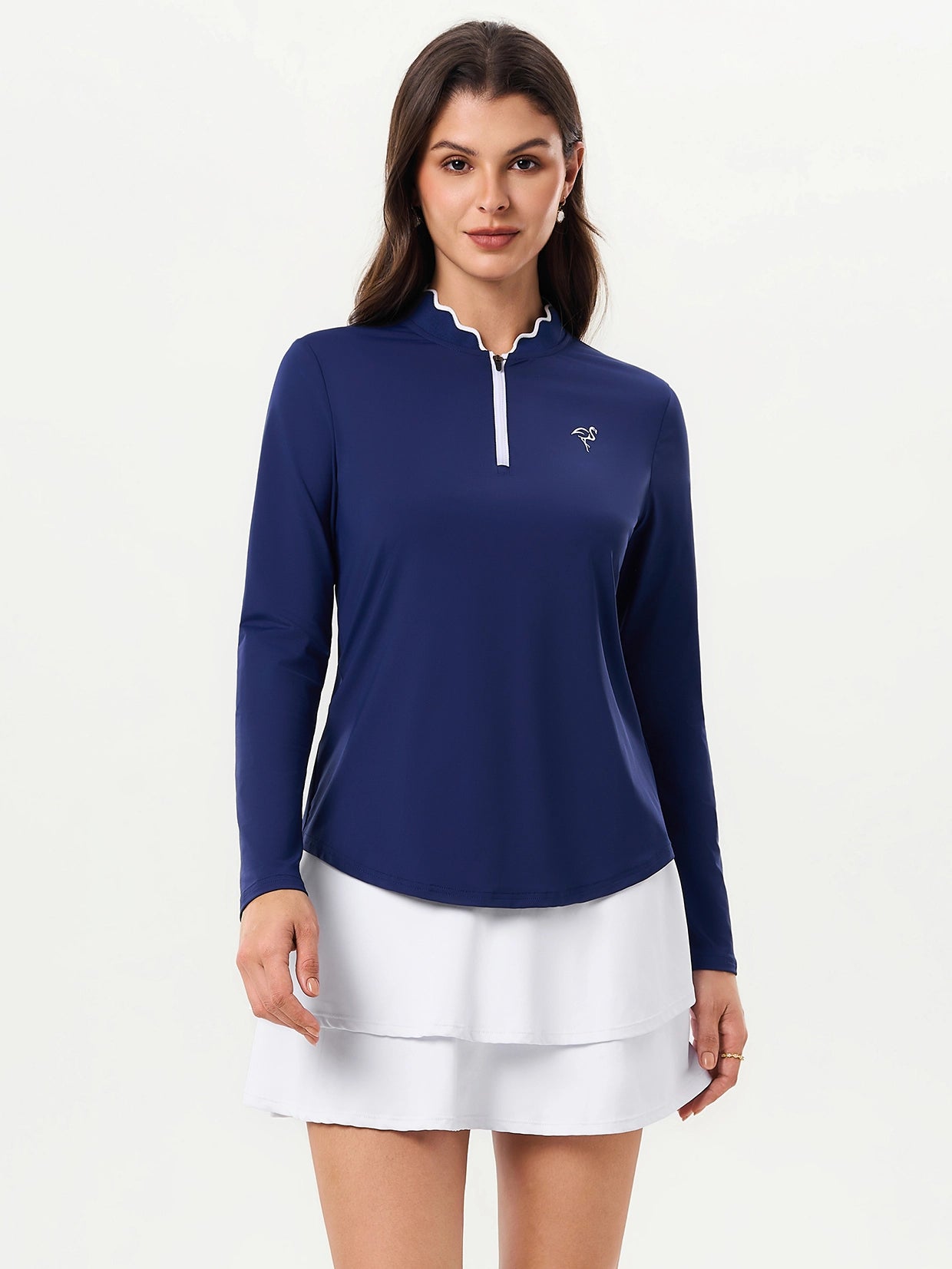 Navy Ruffled Quarter-zip Long-sleeve Golf Polo Shirt For Women
