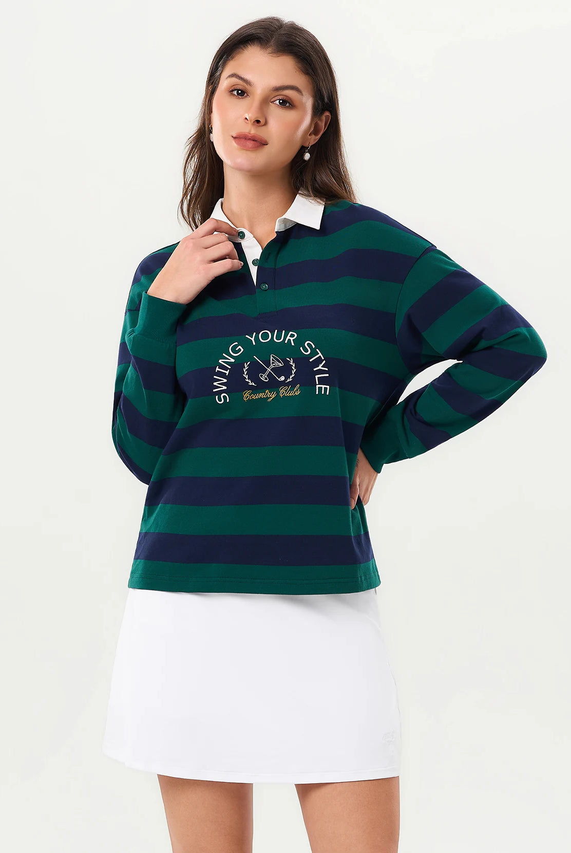 Green Stripes Button-placket Golf Sweatshirt