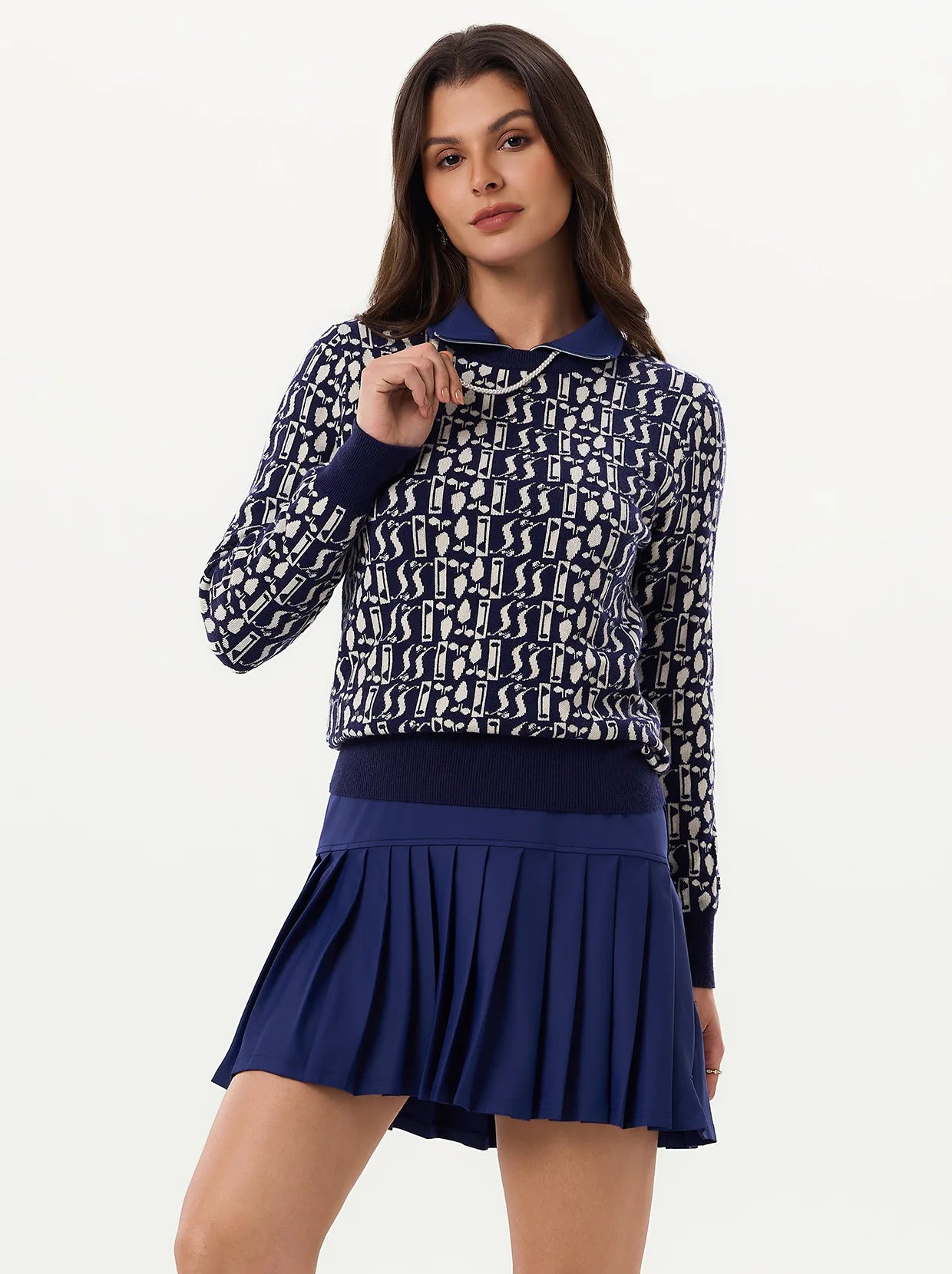 Blue Geometric Soft-Knit Crew-neck Golf Sweater