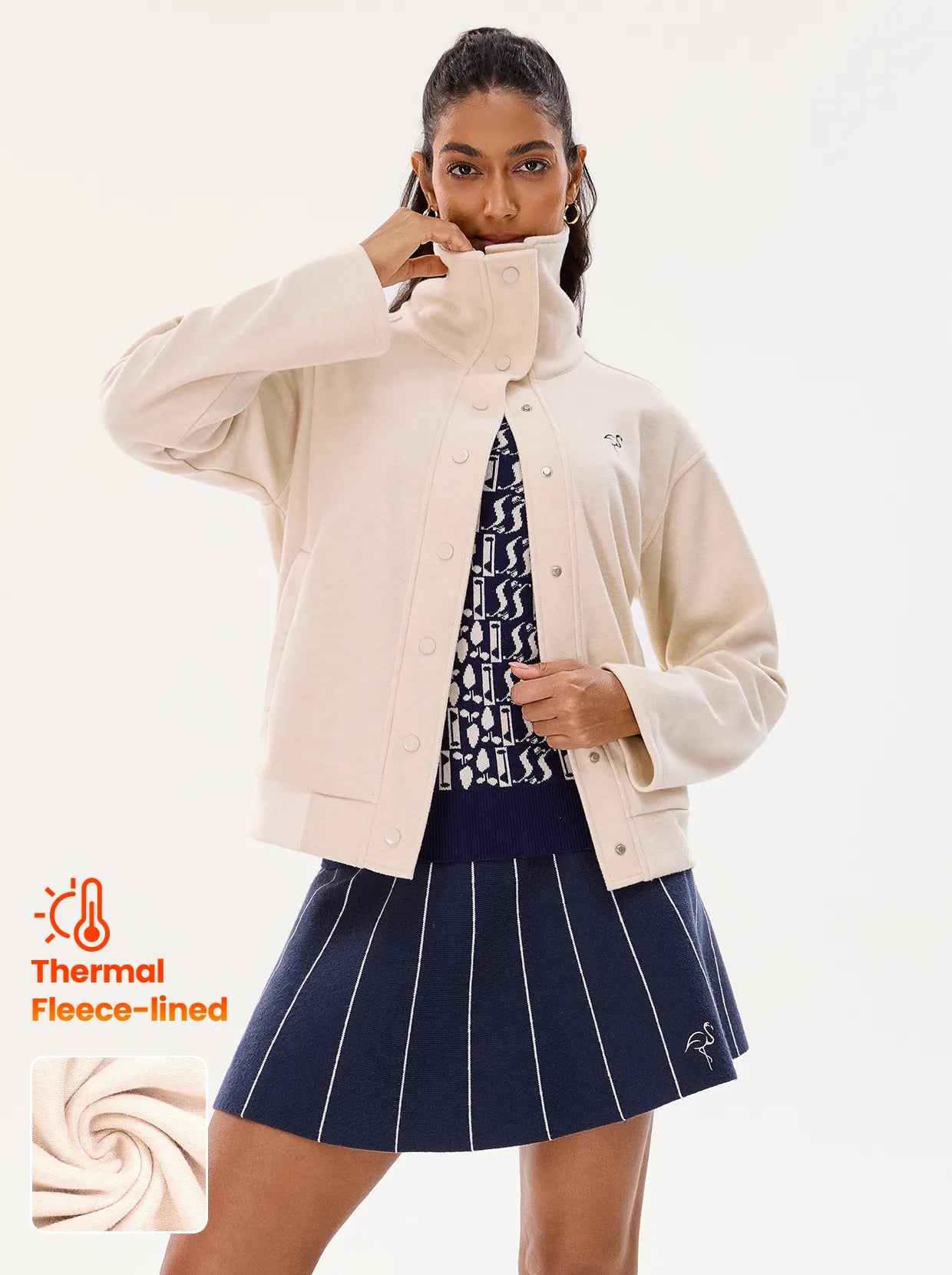 White Stand-collar Thermal Jacket with Zipper Pockets