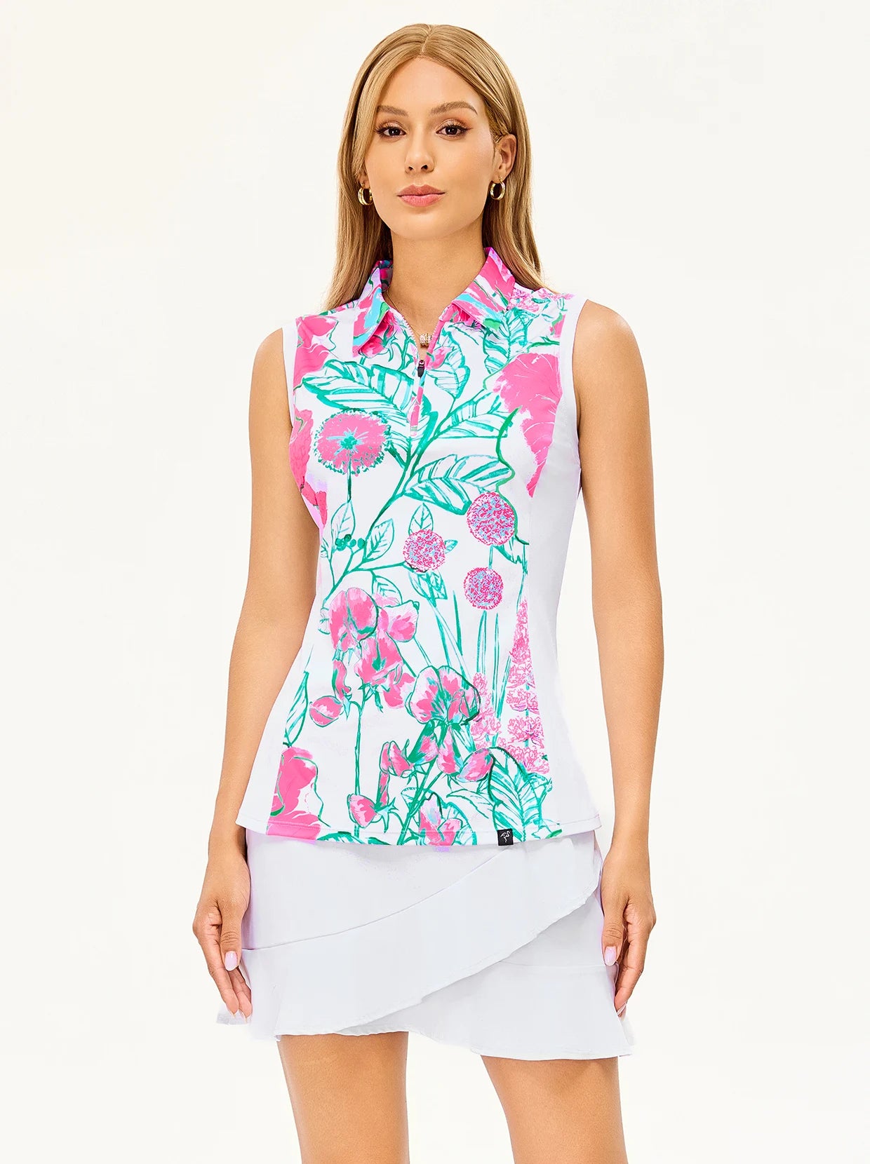 White Floral Quarter-zip Sleeveless Polo Shirt for women